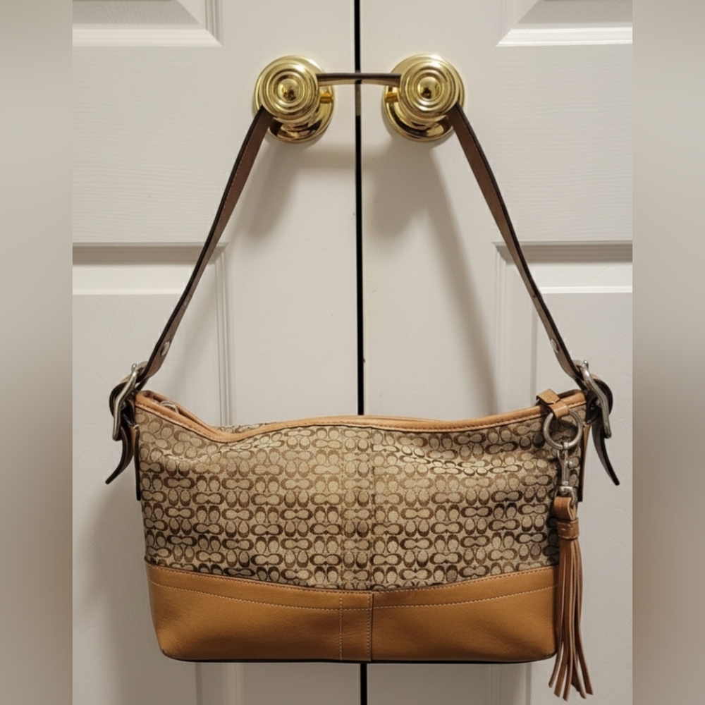 Vintage Coach Signature C Jacquard Hobo Bag - Y2K Khaki Tan Leather F10418